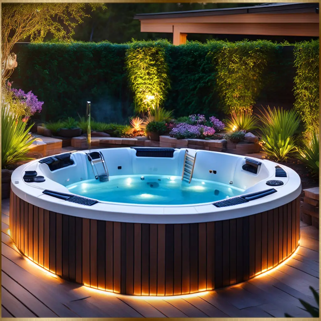 "A beautifully designed hot tub surrounded by a natural stone patio, lush greenery, and ambient lighting. The hot tub features a sleek wooden deck, creating a seamless transition between the spa and the outdoor environment. Elegant LED strip lights illuminate the perimeter, casting a warm glow, while vibrant flowering plants and tall privacy hedges provide a tranquil, secluded atmosphere. This spa-like setting invites relaxation and enjoyment, showcasing innovative ideas for enhancing outdoor spaces."