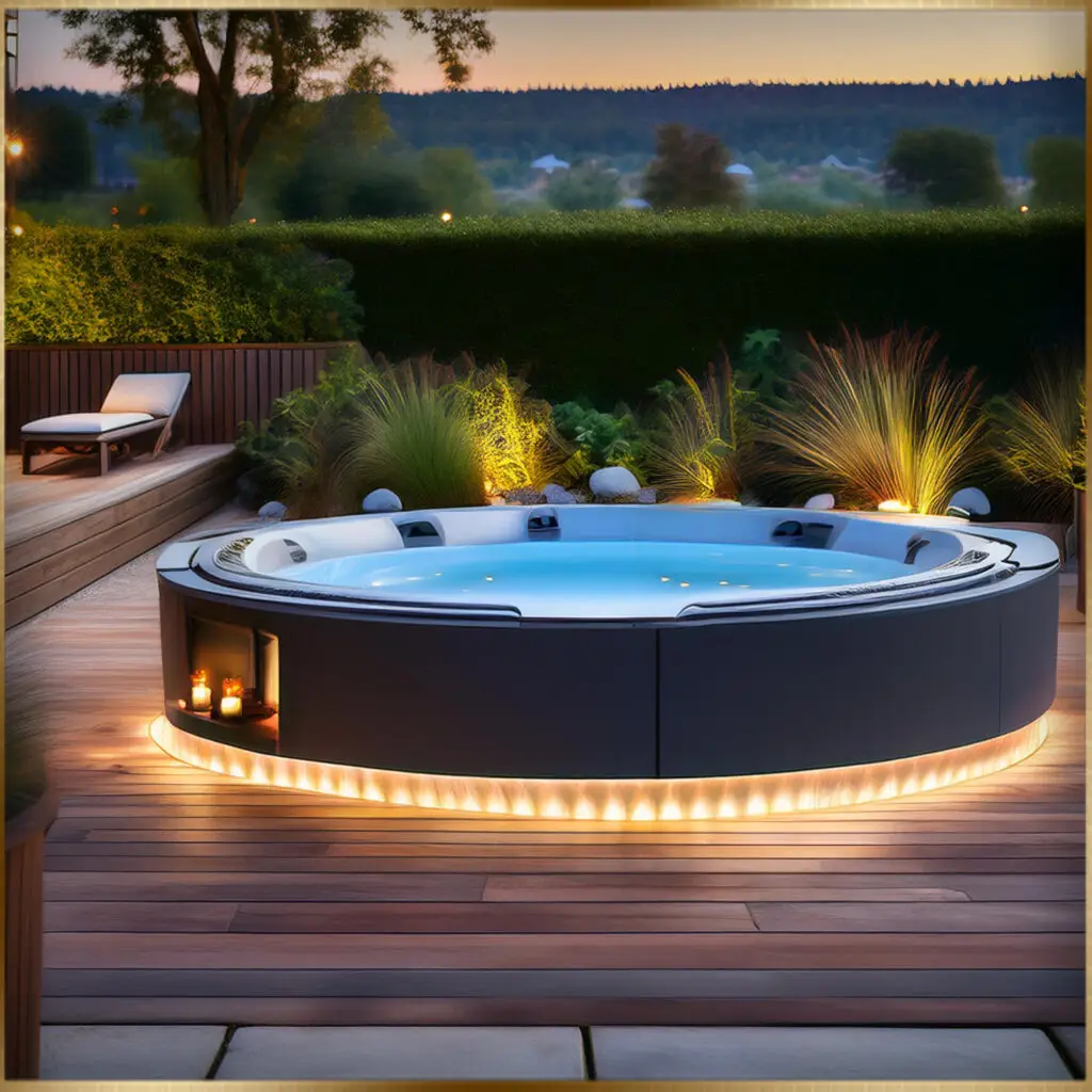  "A beautifully designed hot tub surrounded by a natural stone patio, lush greenery, and ambient lighting. The hot tub features a sleek wooden deck, creating a seamless transition between the spa and the outdoor environment. Elegant LED strip lights illuminate the perimeter, casting a warm glow, while vibrant flowering plants and tall privacy hedges provide a tranquil, secluded atmosphere. This spa-like setting invites relaxation and enjoyment, showcasing innovative ideas for enhancing outdoor spaces."