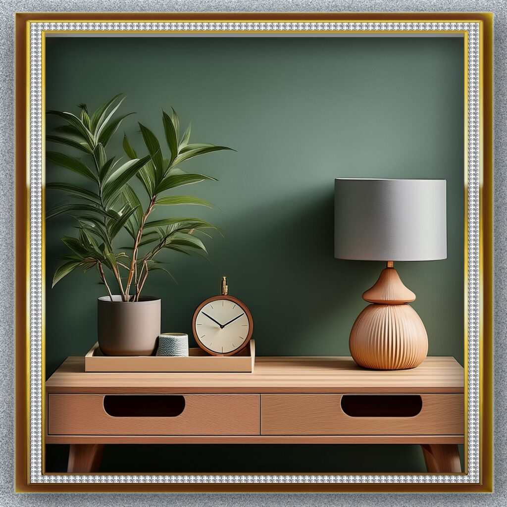 A minimalist nightstand setup with a sleek lamp, a small plant, a multi-functional clock, and a decorative tray, demonstrating effective space-saving decor.