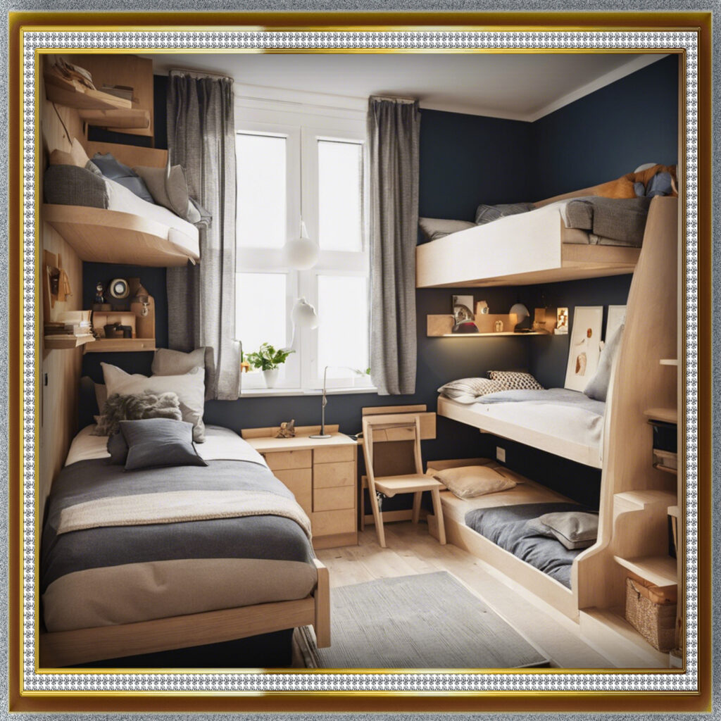 "A compact small bedroom with built-in bunk beds showcasing efficient use of space and clever storage solutions."