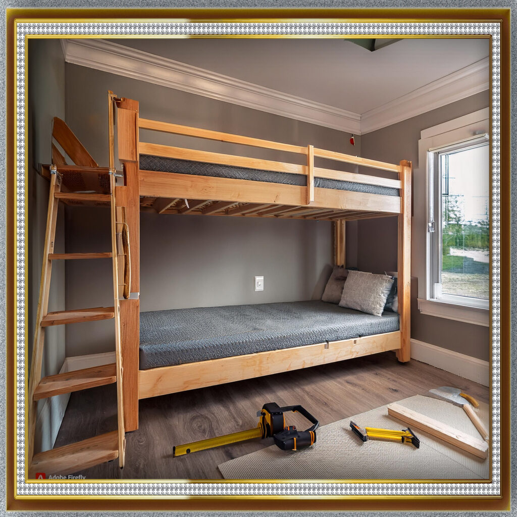 "A DIY built-in bunk bed project in progress, showcasing tools, materials, and an affordable alternative design."