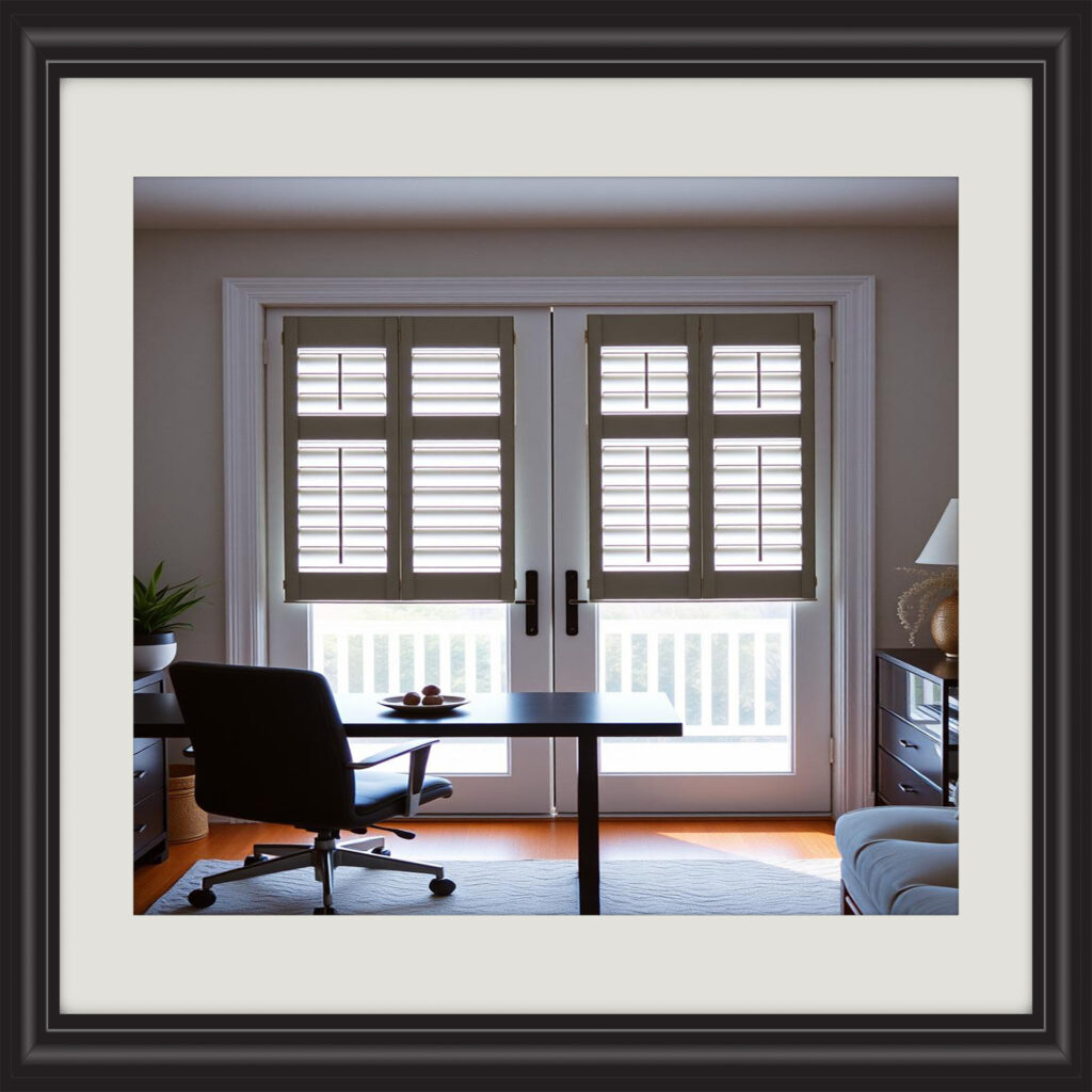 "Creative incorporation of custom plantation shutters on sliding doors for a stylish look."