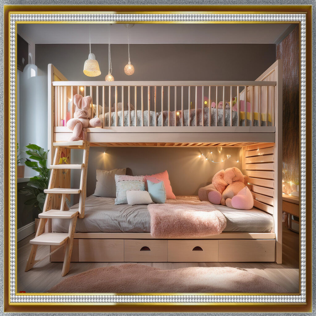 A personalized built-in bunk bed with custom lighting, themed décor, and unique bedding, tailored for a child's room."