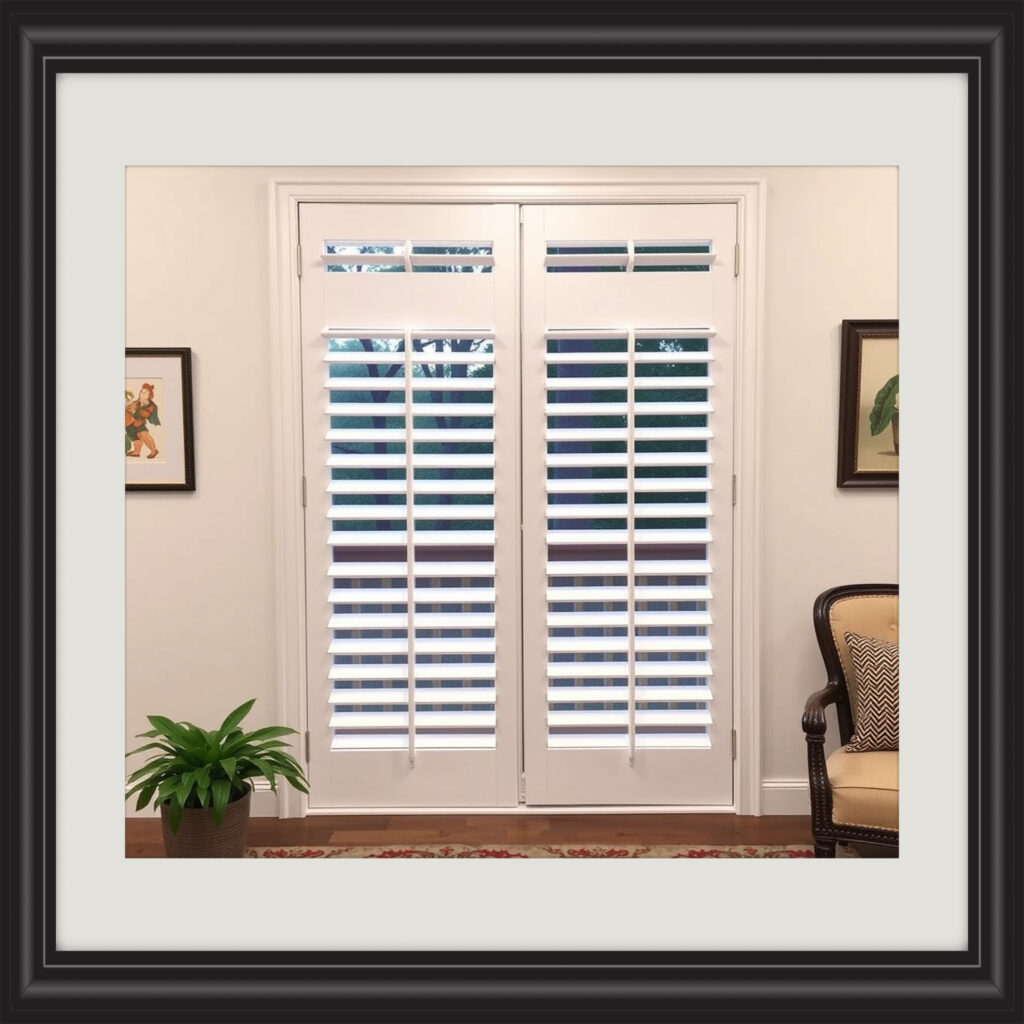 "Custom plantation shutters tailored to fit any size or shape of sliding door perfectly."