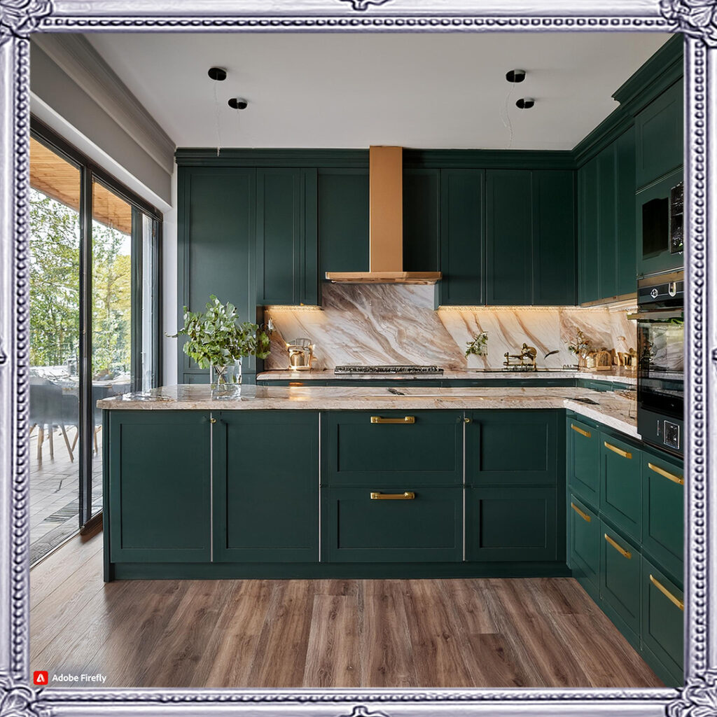 "Dark Green Kitchen Units featuring deep, rich cabinetry with a matte finish, enhanced by brass handles and fixtures. The units are paired with marble countertops, a matching backsplash, and warm wood flooring. Natural light from large windows highlights the elegant, earthy tone, creating a balanced and inviting atmosphere in this modern, stylish kitchen."