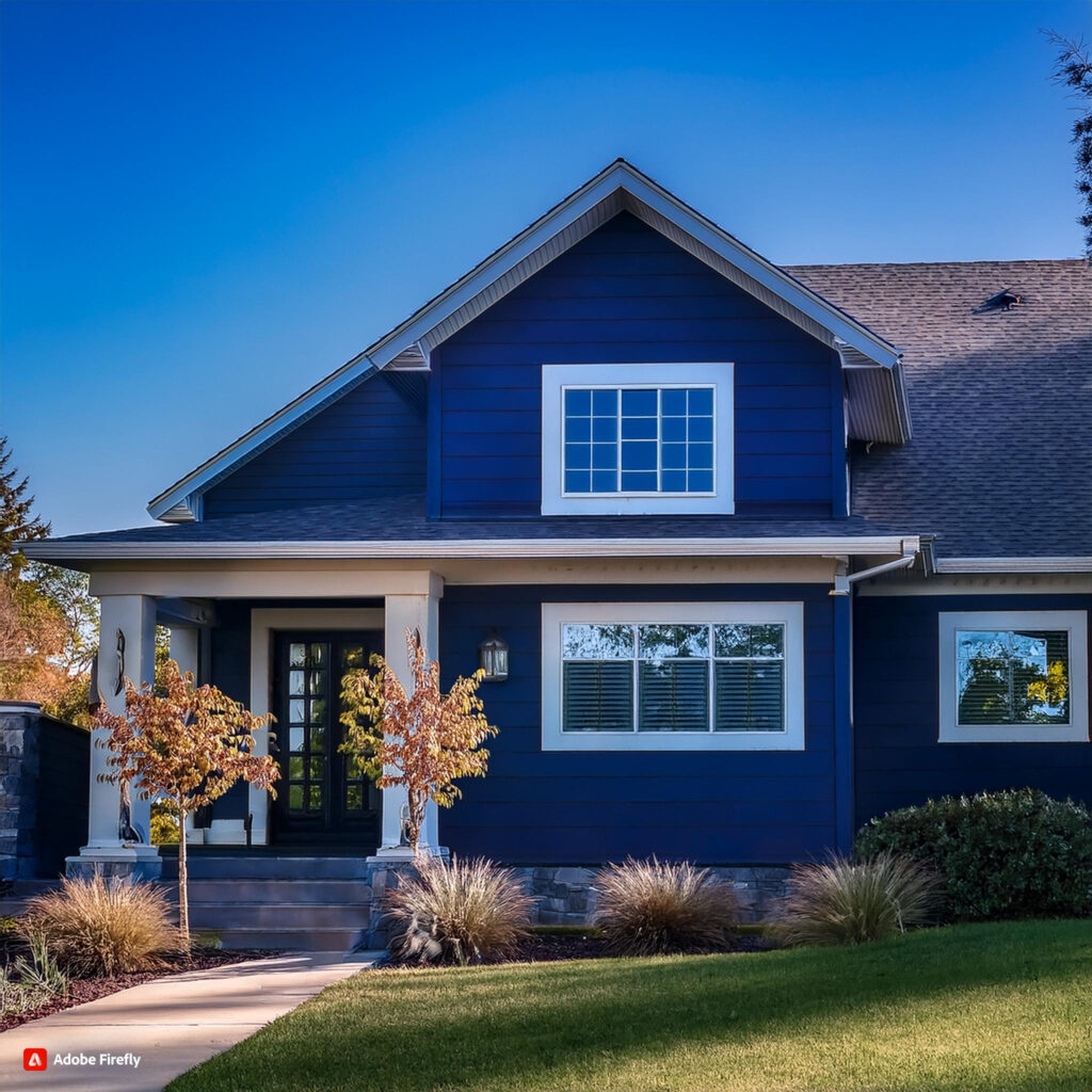 A close-up view of a house with a deep dark blue exterior, showcasing the smooth and elegant finish of the paint, highlighted by natural sunlight.