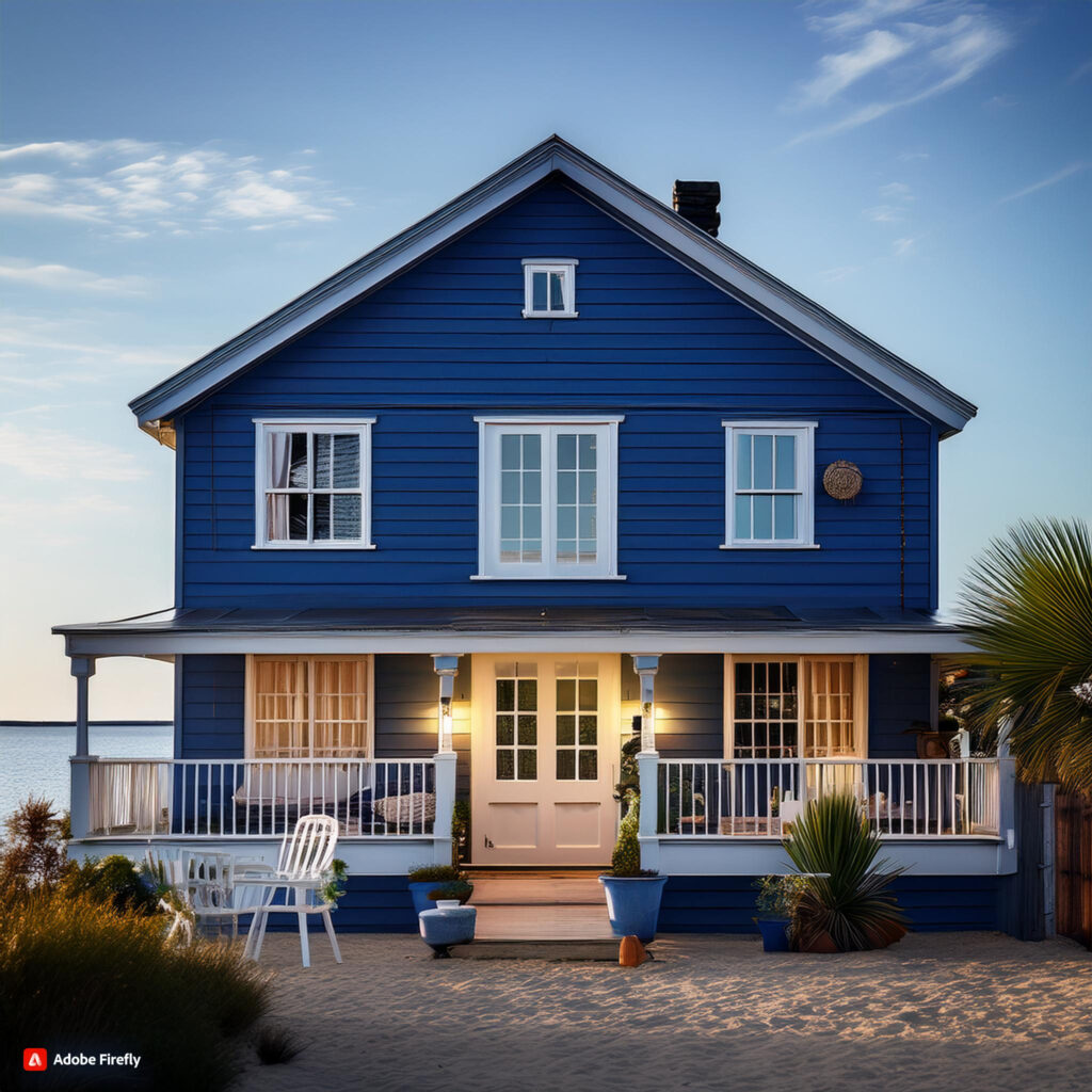 A coastal-themed dark blue house with nautical decor elements, evoking the calm and serenity of seaside living.