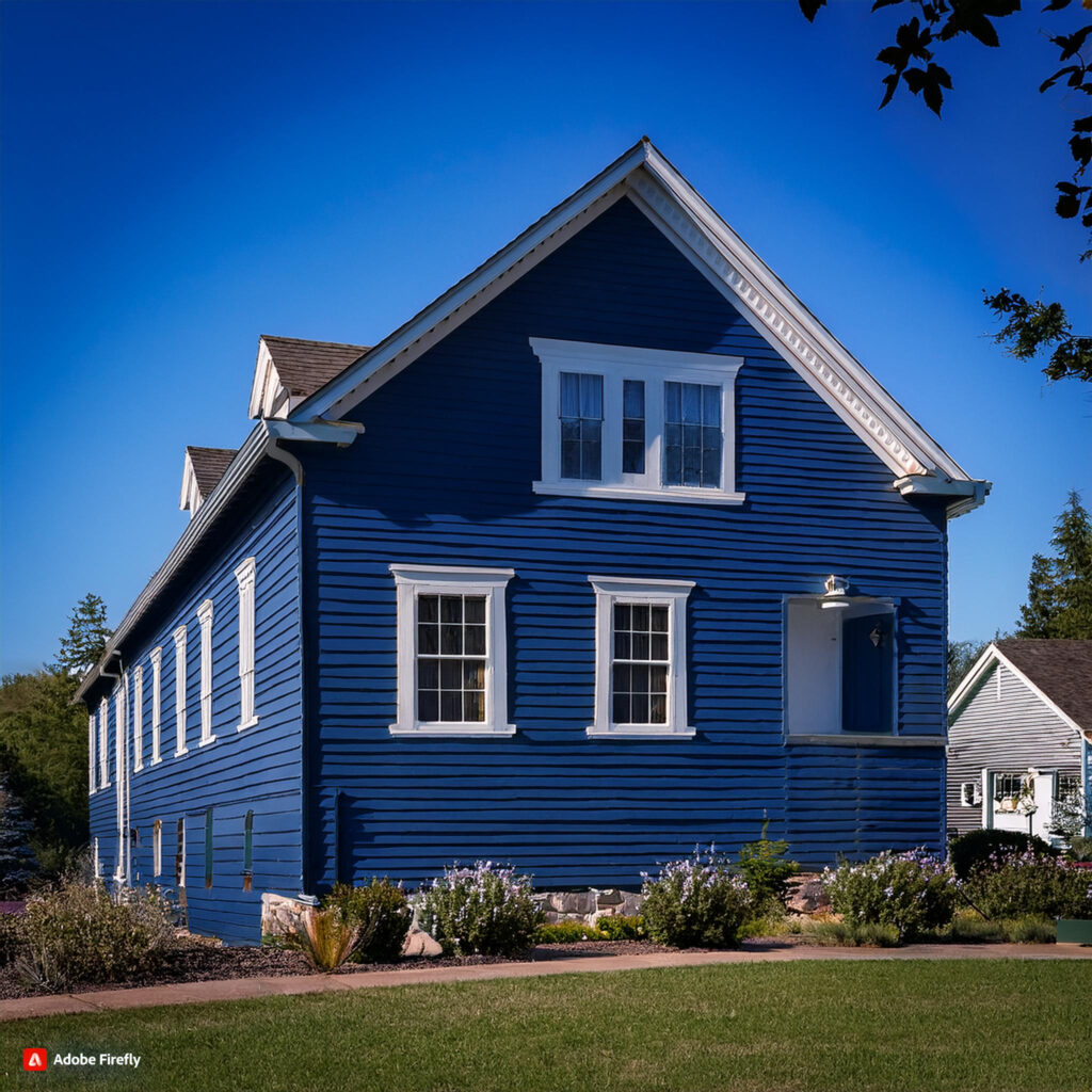 A dark blue house glowing under bright sunlight, with light and shadow playing across the surface to enhance the deep blue color.