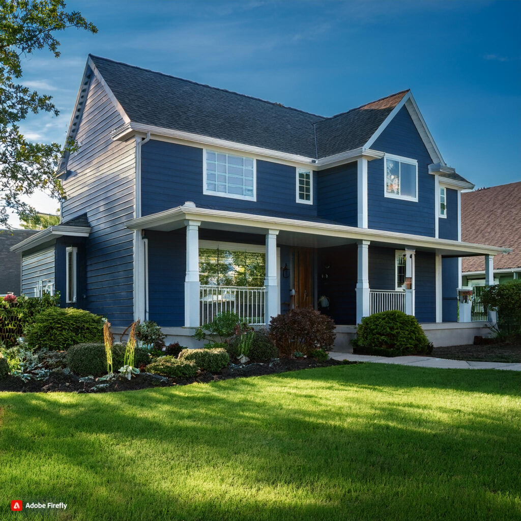 A dark blue house with a well-maintained front yard, featuring lush green grass and well-trimmed shrubs that enhance the home’s curb appeal.