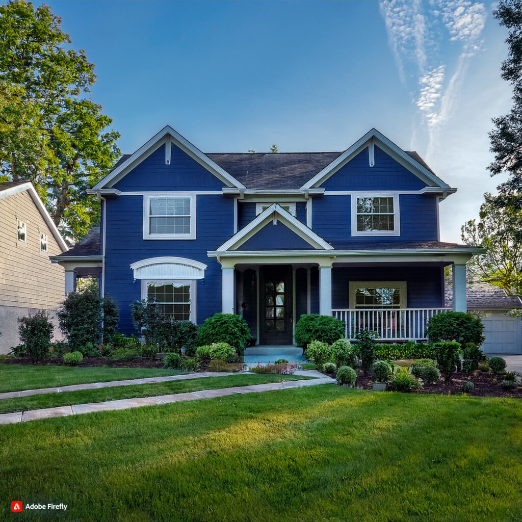 A dark blue house with a well-maintained front yard, featuring lush green grass and well-trimmed shrubs that enhance the home’s curb appeal.