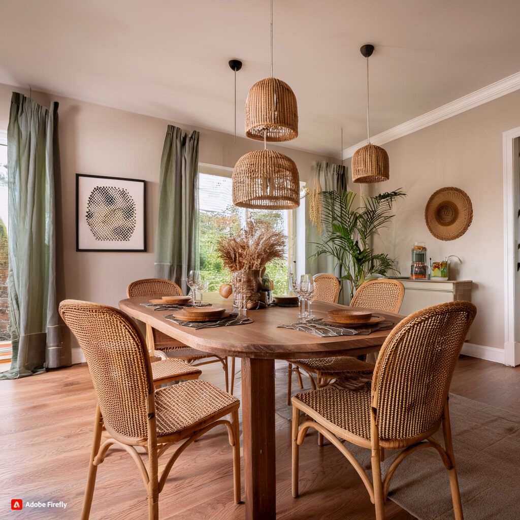 "Beautiful cane back dining room chairs arranged around a wooden dining table in a stylish dining room."