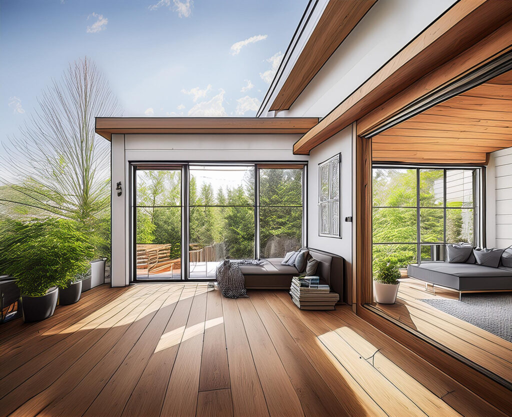 "Design sketch of a small home room addition, focusing on incorporating natural light with large windows and skylights."