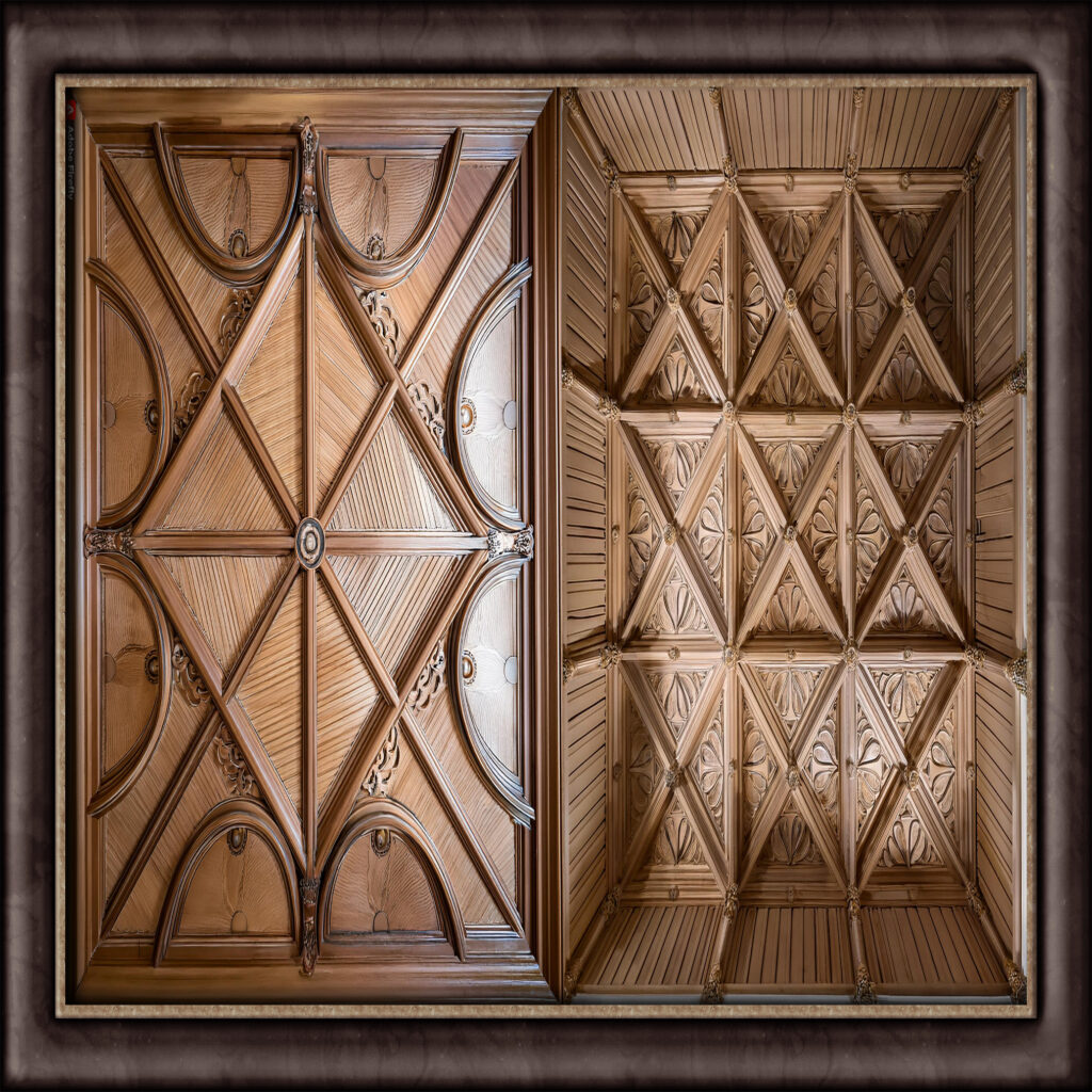 Details about coffered ceilings featuring a grid pattern of sunken panels, framed by beams or molding, known for adding classic elegance and architectural interest.