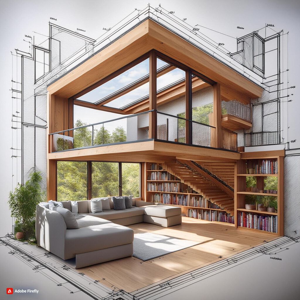 "Diagram of a small home extension, featuring skylights and tall bookshelves for maximizing space and light."