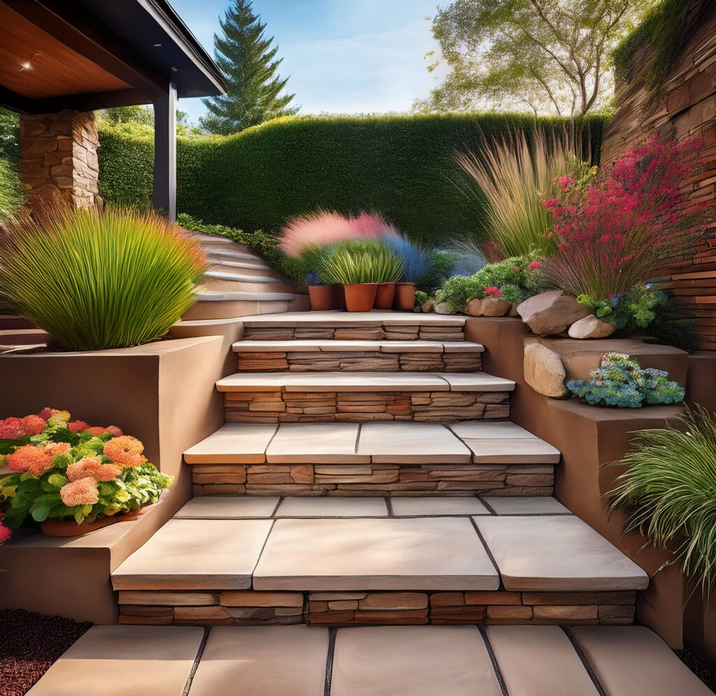 "Image showcasing various patio step ideas, including modern stone steps, DIY paver stairs, and creative outdoor stair designs for a stylish backyard."