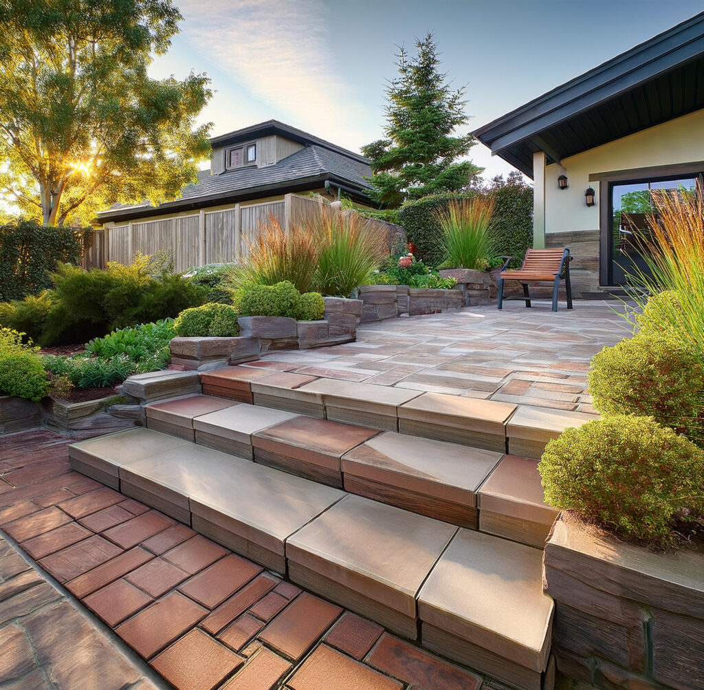 "Image showcasing various patio step ideas, including modern stone steps, DIY paver stairs, and creative outdoor stair designs for a stylish backyard."