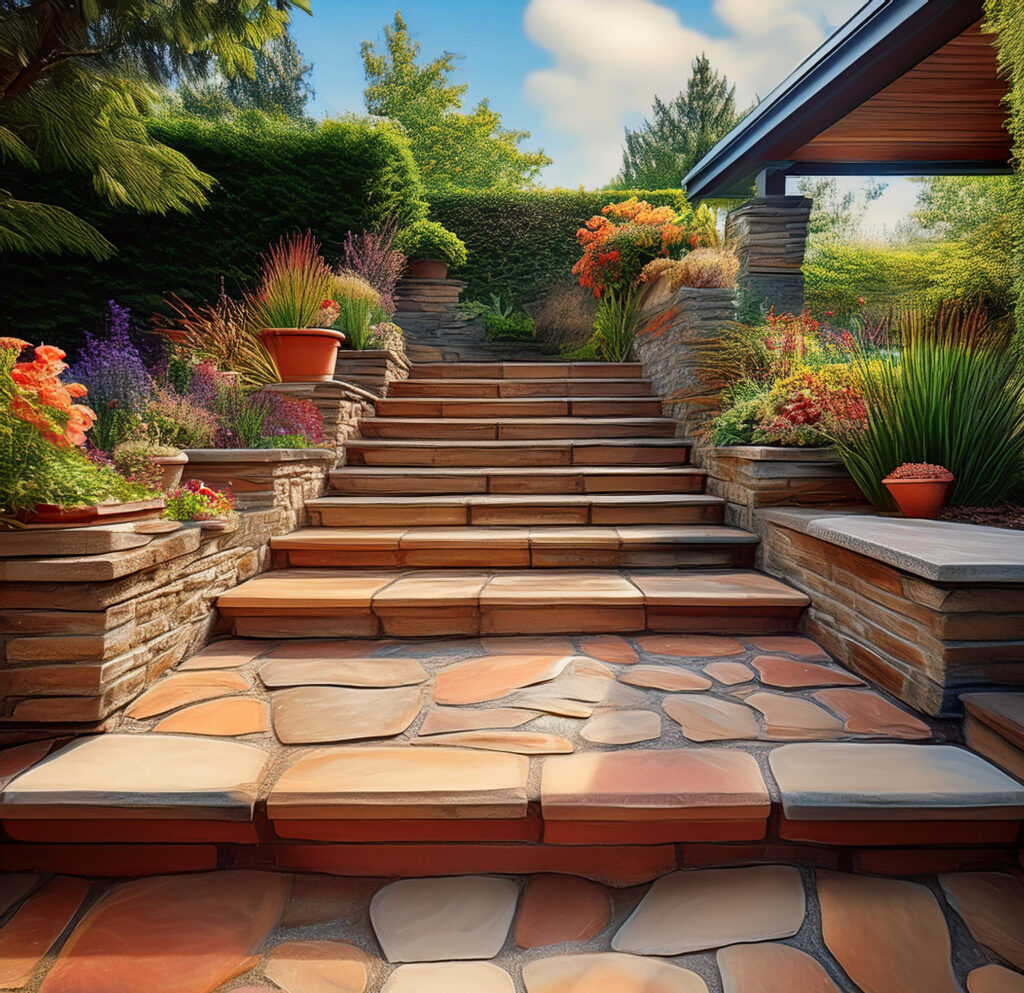 "Image showcasing various patio step ideas, including modern stone steps, DIY paver stairs, and creative outdoor stair designs for a stylish backyard."