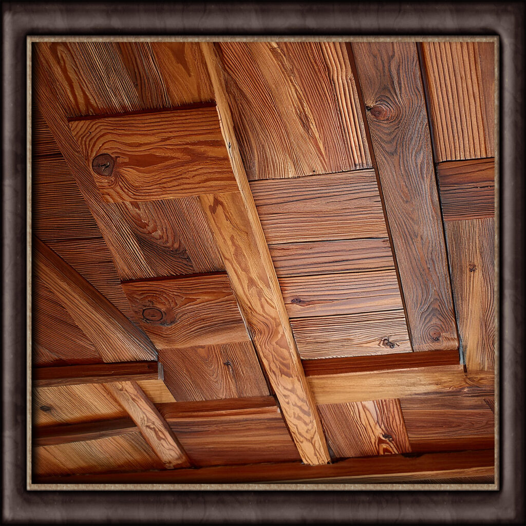 Information on cedar wood, known for its natural resistance to moisture and insects, and its rich reddish-brown hue that adds a warm, earthy touch to ceilings.