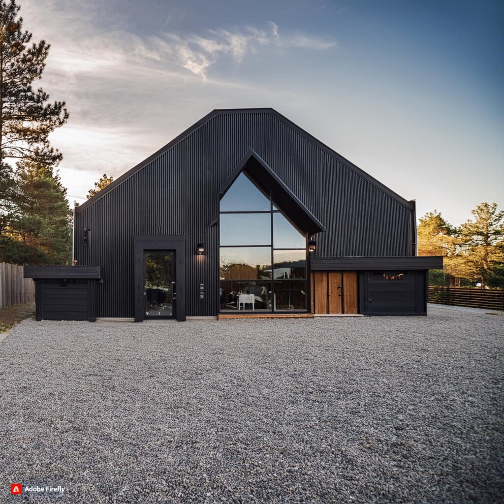 "Stunning black barndominium with wood accents showcasing a blend of modern and rustic design elements."