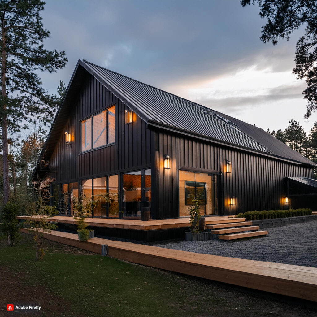 "Stunning black barndominium with wood accents showcasing a blend of modern and rustic design elements."