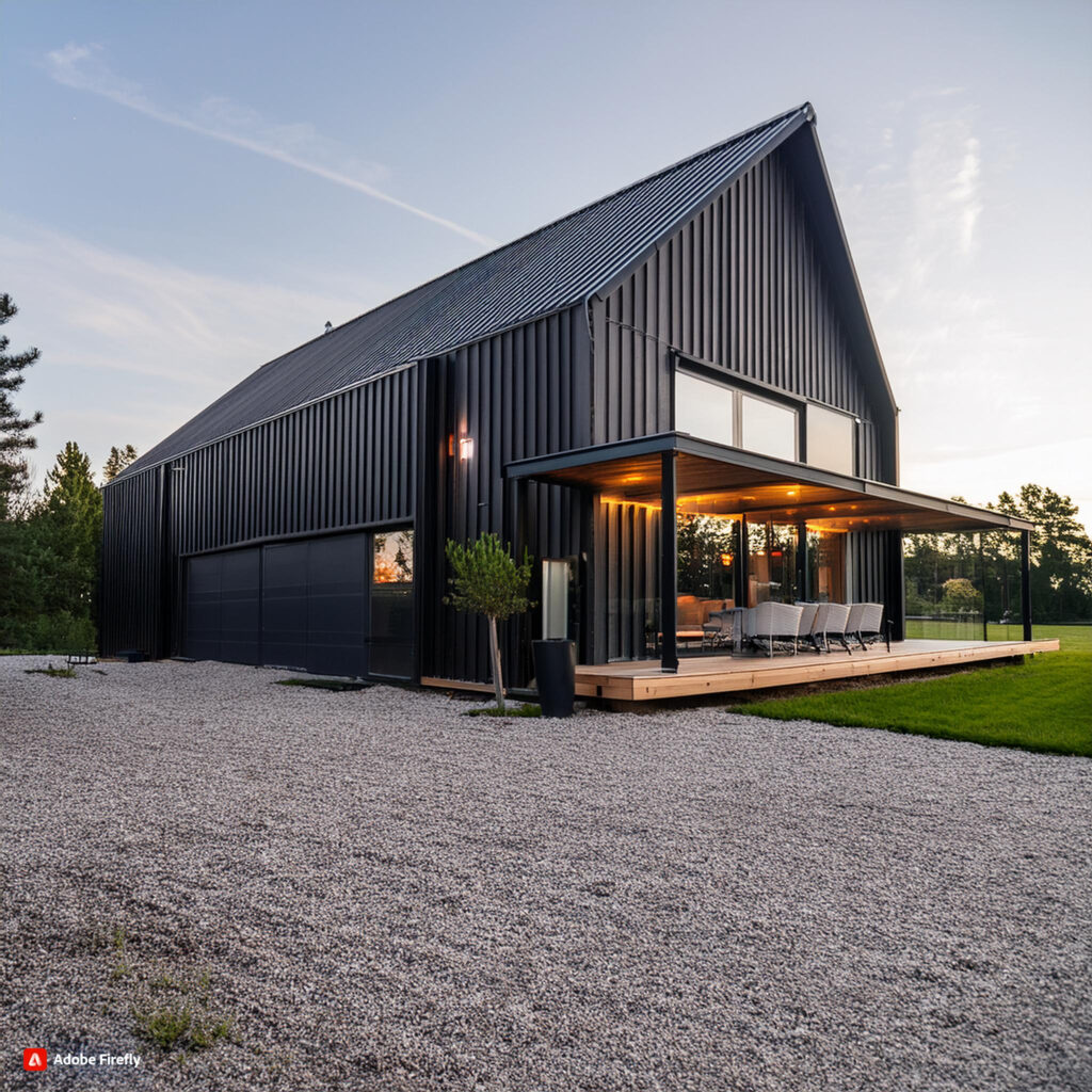 "Stunning black barndominium with wood accents showcasing a blend of modern and rustic design elements."