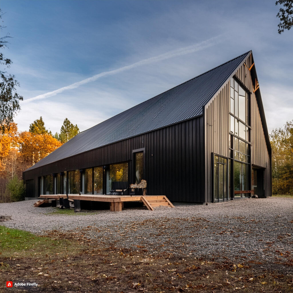 "Stunning black barndominium with wood accents showcasing a blend of modern and rustic design elements."