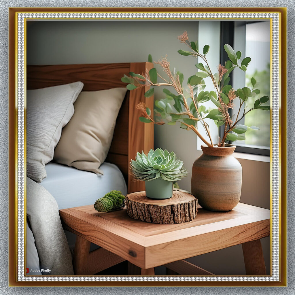 A nature-inspired nightstand decorated with a small succulent, a vase of fresh flowers, and a piece of driftwood, adding a touch of greenery and natural charm to the bedroom.