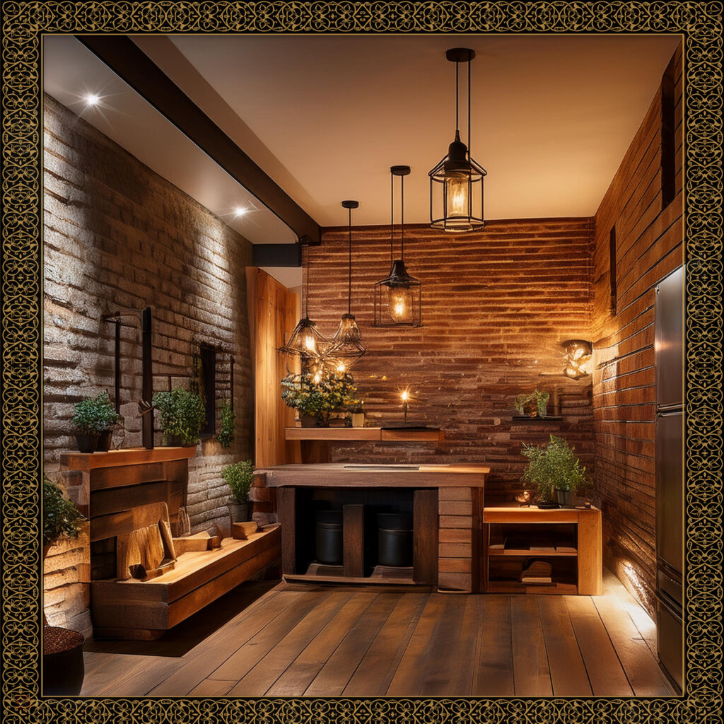 Image highlighting modern lighting fixtures, including minimalist pendants and industrial designs, adding a contemporary touch to a basement.