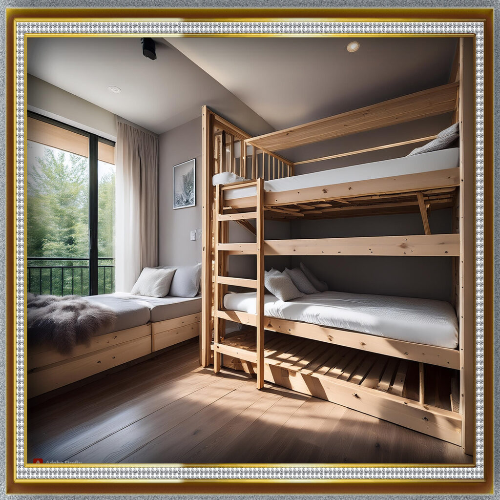 Installing bunk beds built into the wall. with wooden bed and pillows, furniture installed under window light in bedroom of a house