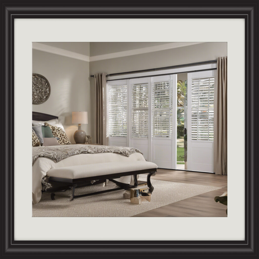 "Sliding doors upgraded with chic plantation shutters for enhanced style and functionality."