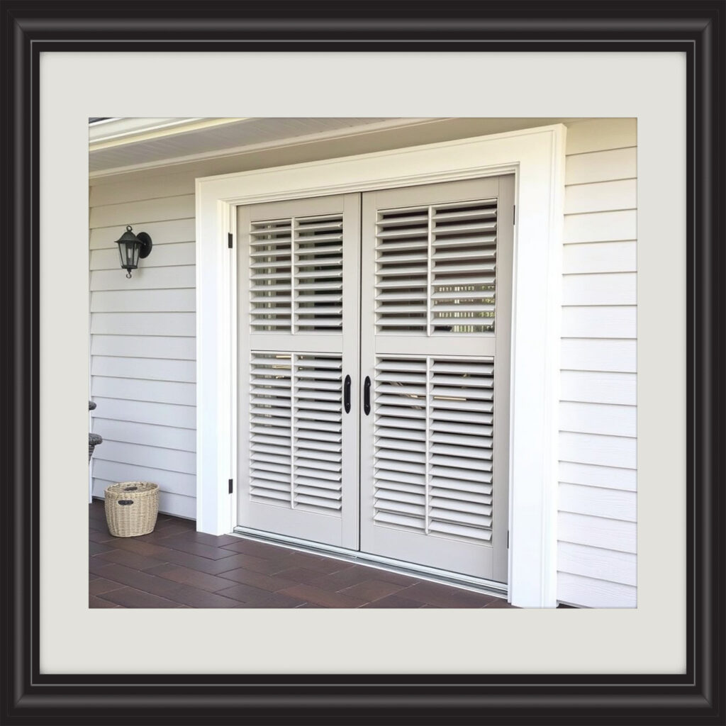 Stylish plantation shutters mounted on the outside of sliding doors for improved function and look.