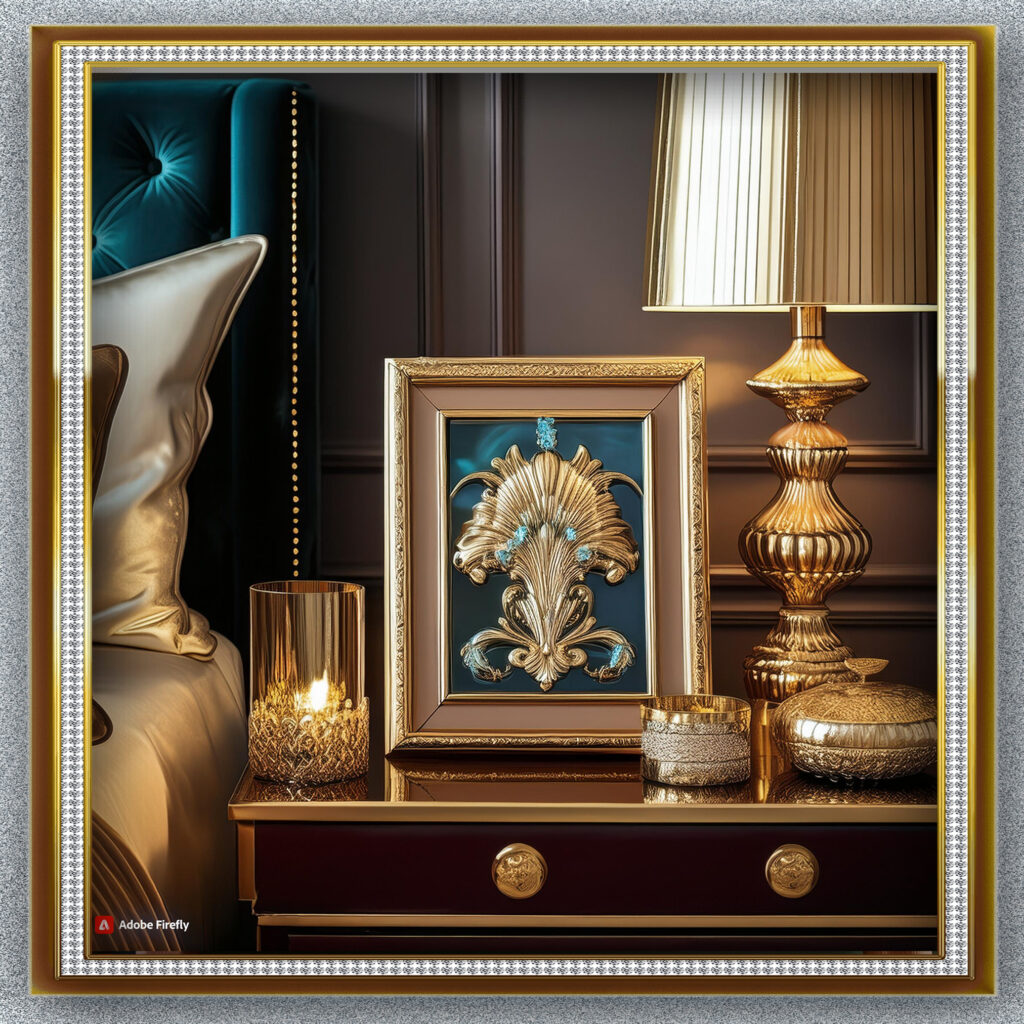 A luxurious nightstand adorned with a gold-framed photo, a crystal lamp, velvet accessories, and metallic accents, creating a glamorous and elegant bedside space.