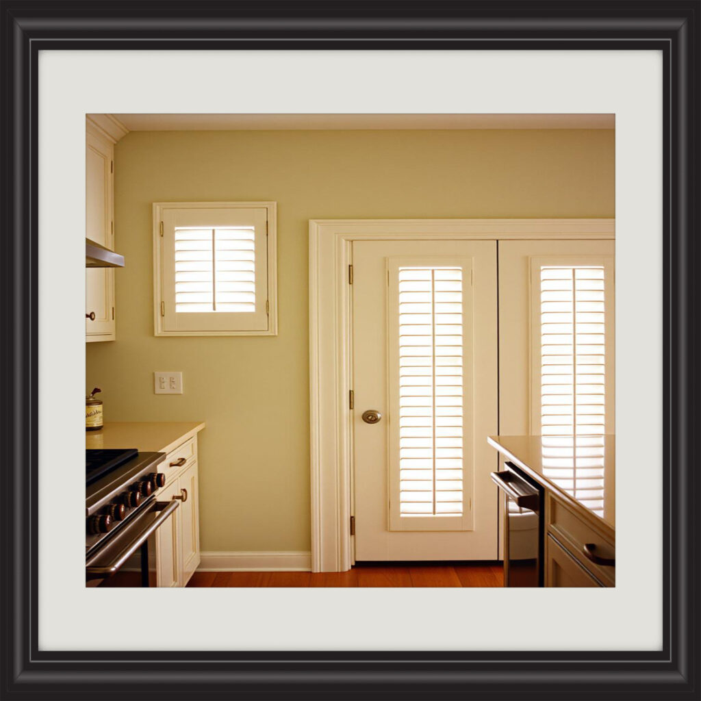 Timeless plantation shutters enhancing sliding doors with classic design and practicality."