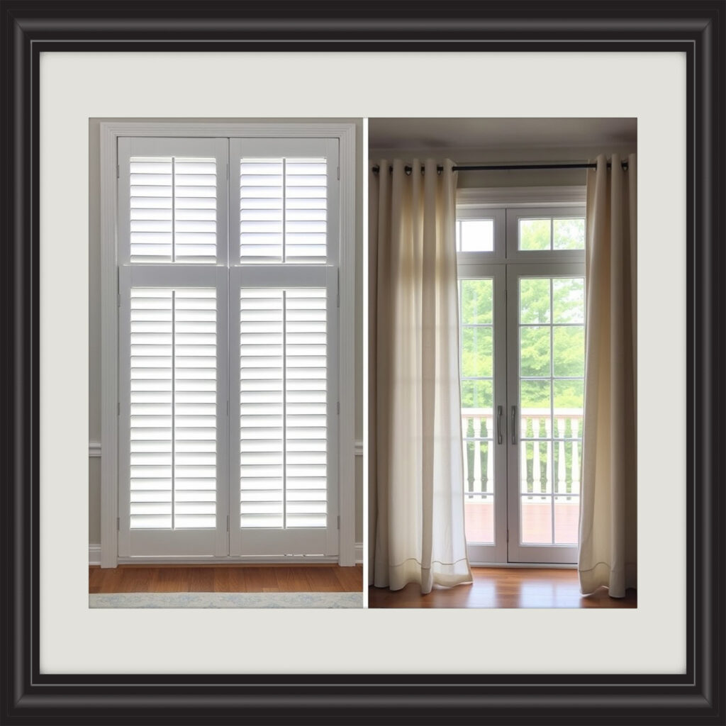 Comparison of sleek plantation shutters and classic drapes on sliding doors."