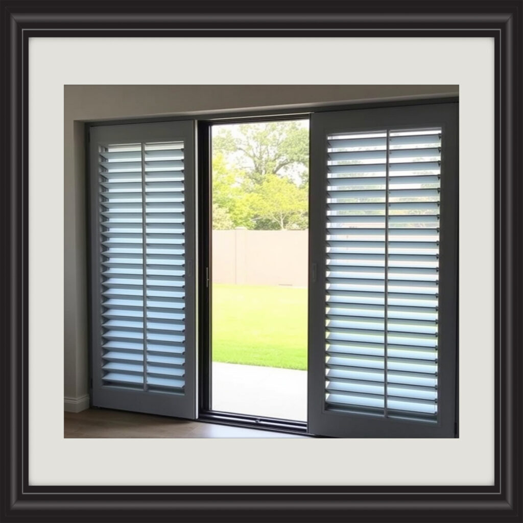 "Plantation shutters on sliding doors providing effective privacy and light control."