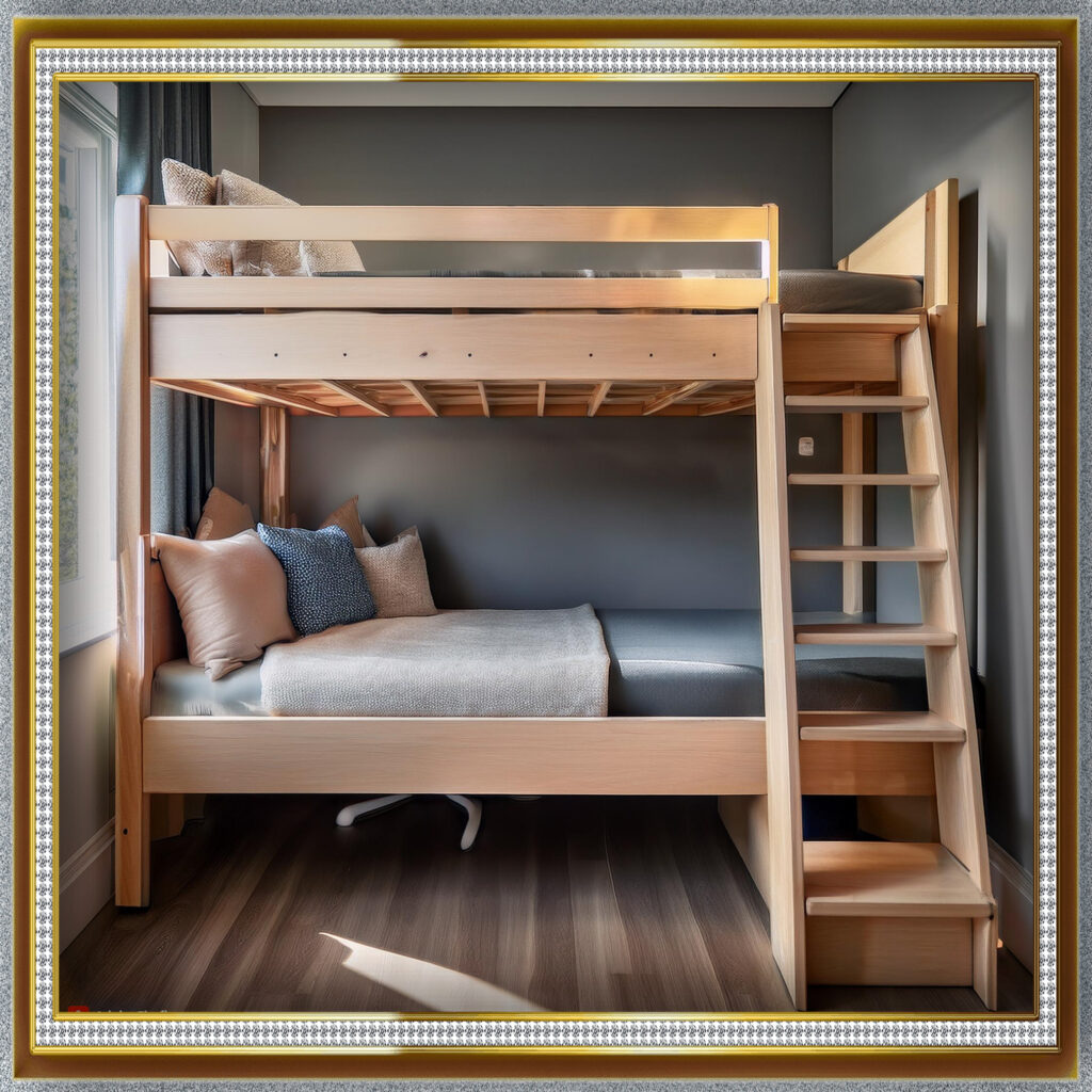 "A close-up of a bunk bed with secure guardrails, a sturdy ladder, and built-in stairs, highlighting safety features."