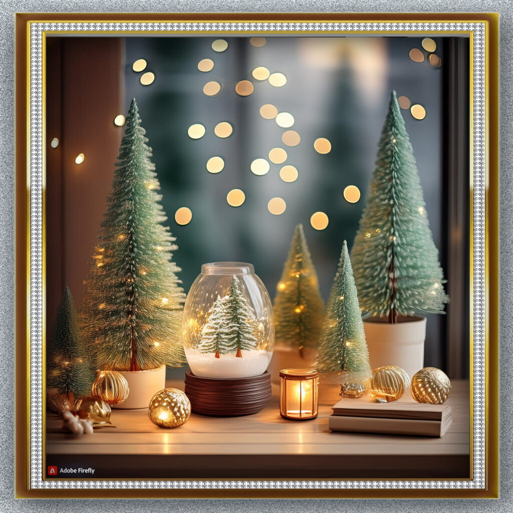  A festive winter nightstand display featuring miniature pine trees, fairy lights, a snow globe, and cozy textured accents, perfect for creating a warm and inviting atmosphere.