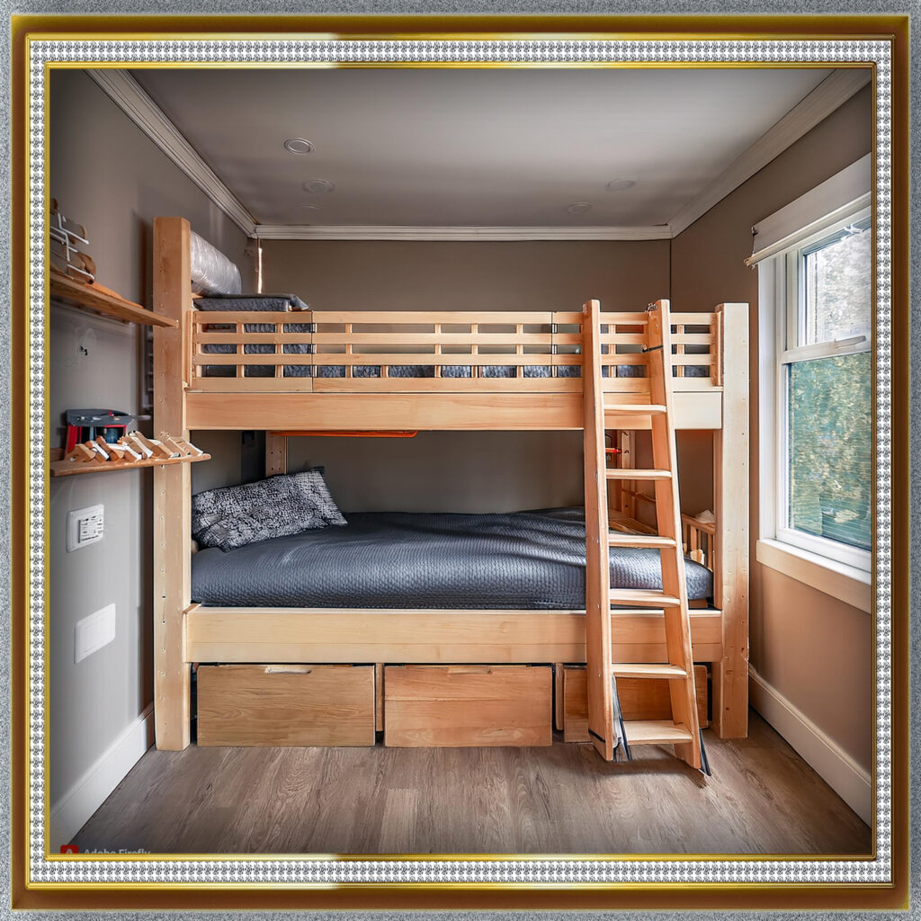 "A close-up of a bunk bed with secure guardrails, a sturdy ladder, and built-in stairs, highlighting safety features."