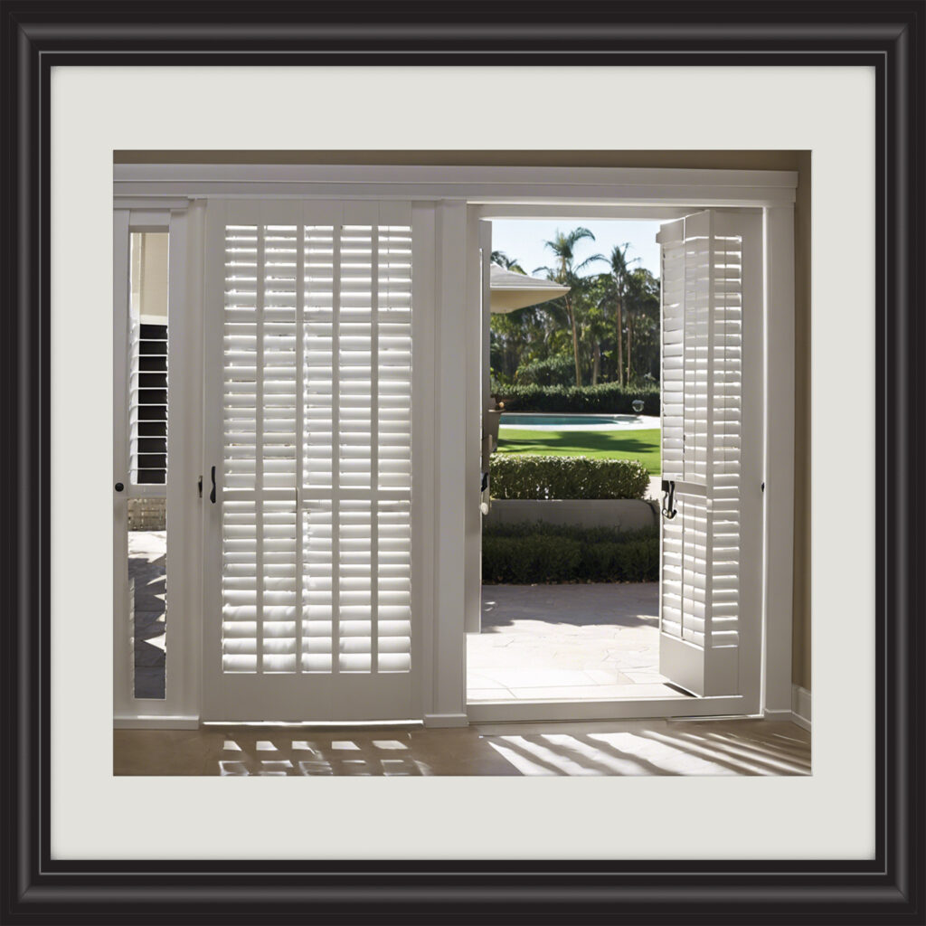 Plantation shutters providing light control, privacy, and durability on sliding doors."