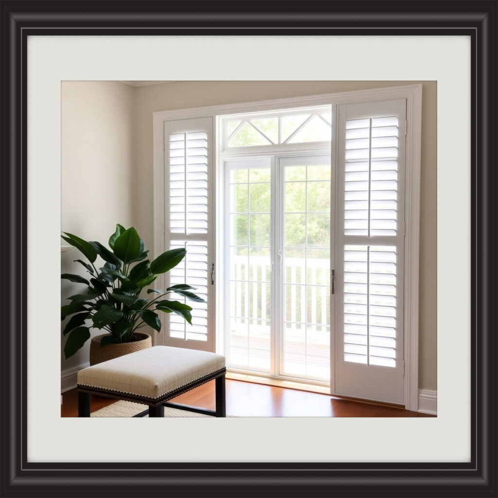 "Timeless elegance of plantation shutters enhancing the look of sliding doors in any home."