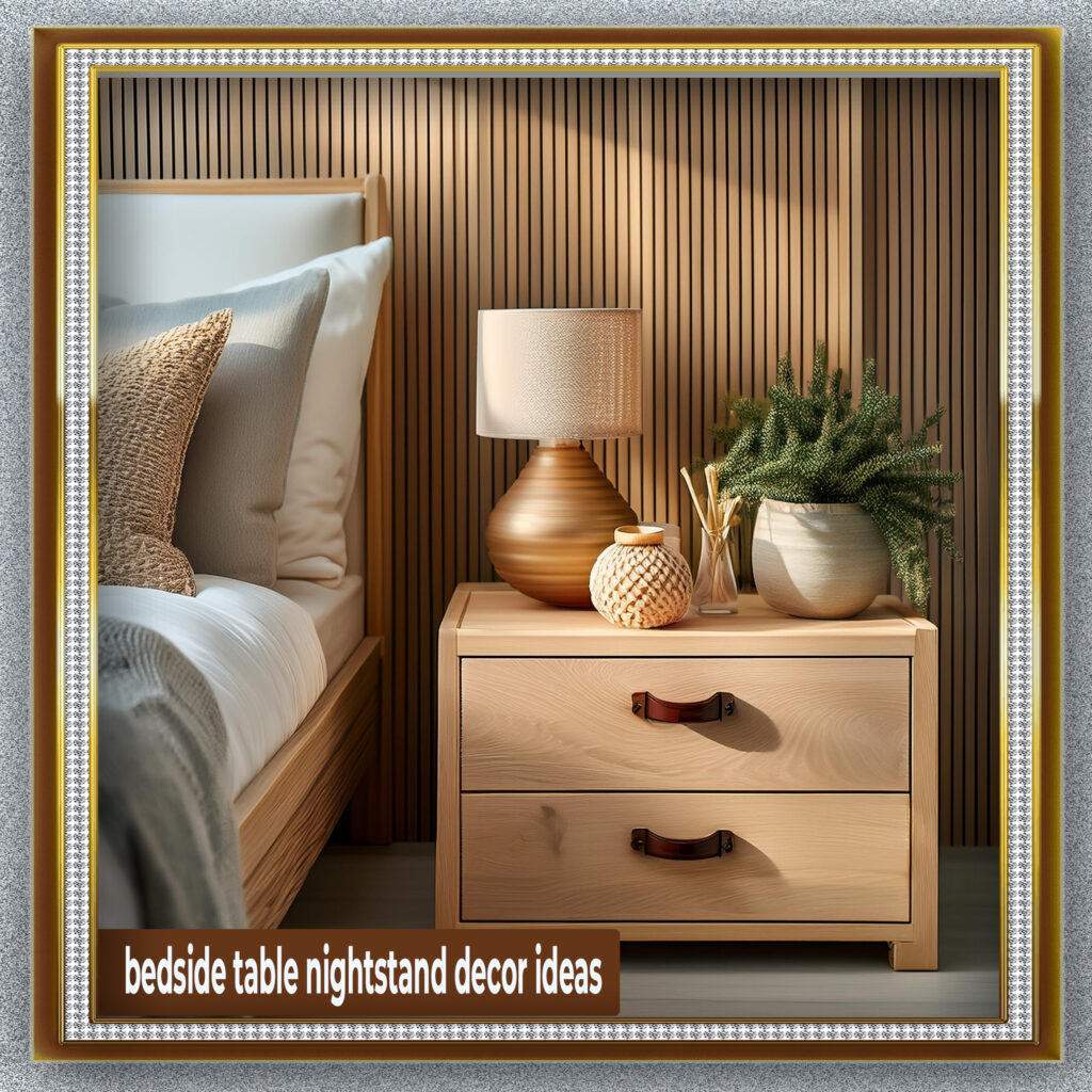 A stylish bedside table nightstand featuring a warm table lamp, a small potted plant, a decorative tray with neatly organized items, and a framed photo. The arrangement blends practical elements with personal touches, creating a cozy and inviting space.