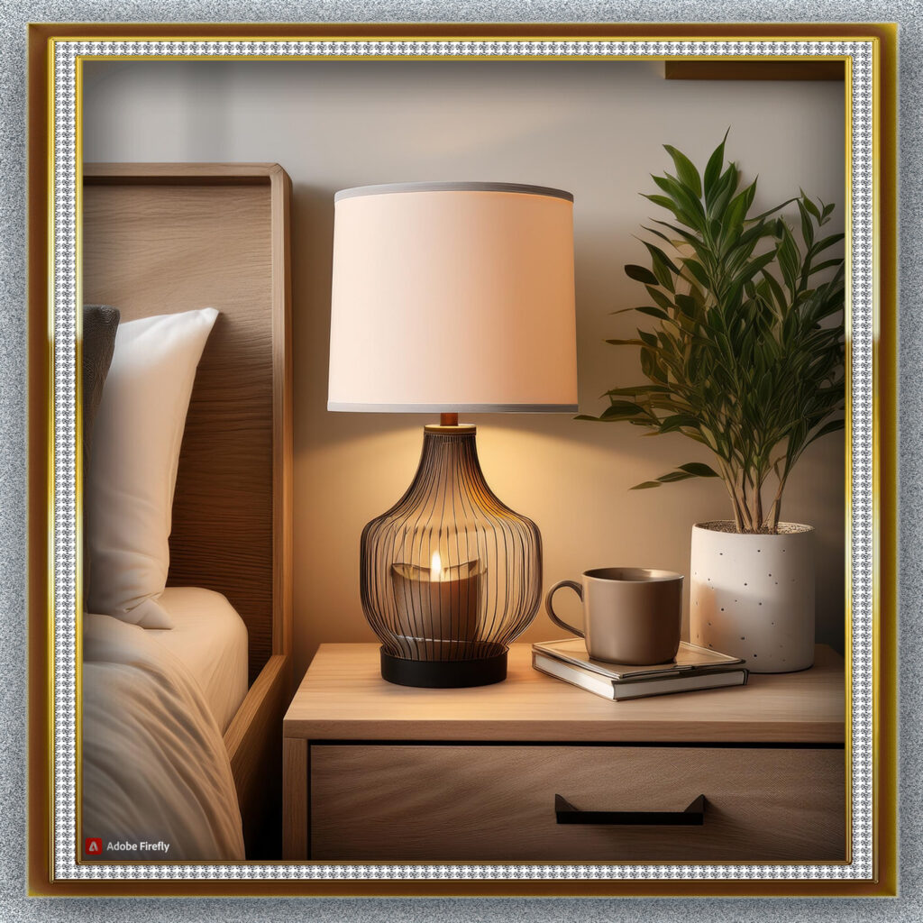 A well-organized bedside table nightstand decor ideas, including a sleek lamp, a small potted plant, a decorative tray with essentials, and a framed photo, all arranged to create a stylish and functional space.