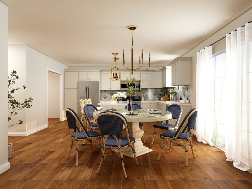 "Beautiful cane back dining room chairs arranged around a wooden dining table in a stylish dining room."