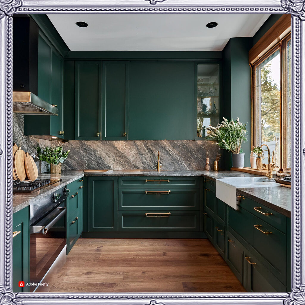 "Transform your space with dark green kitchen units paired with brass hardware and marble countertops. Perfect for a modern, earthy kitchen design that stands out."