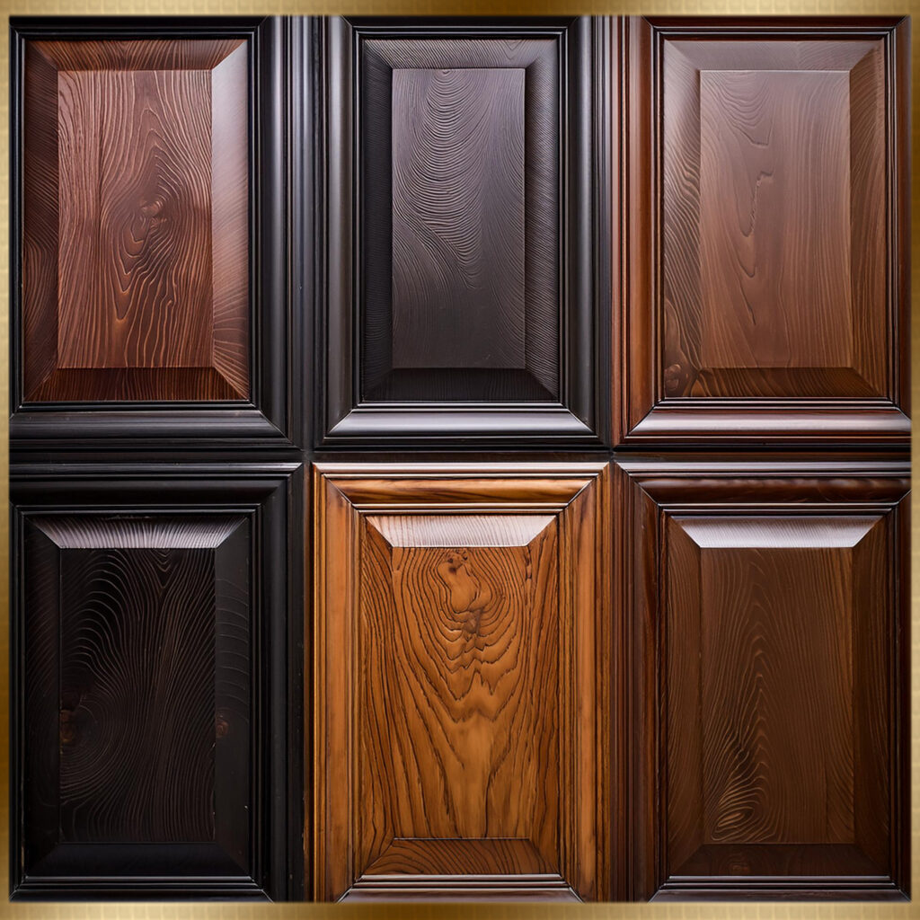 "Collection of cabinet doors stained in various dark finishes: Espresso shows a deep, nearly black hue; Chocolate offers a rich brown with warm undertones; Ebony provides a true black, creating a bold contrast; Jacobean features a dark brown with subtle red undertones; and Dark Walnut presents a classic dark brown with a hint of gray. Each stain highlights the wood grain and enhances the overall aesthetic with its unique depth and richness."