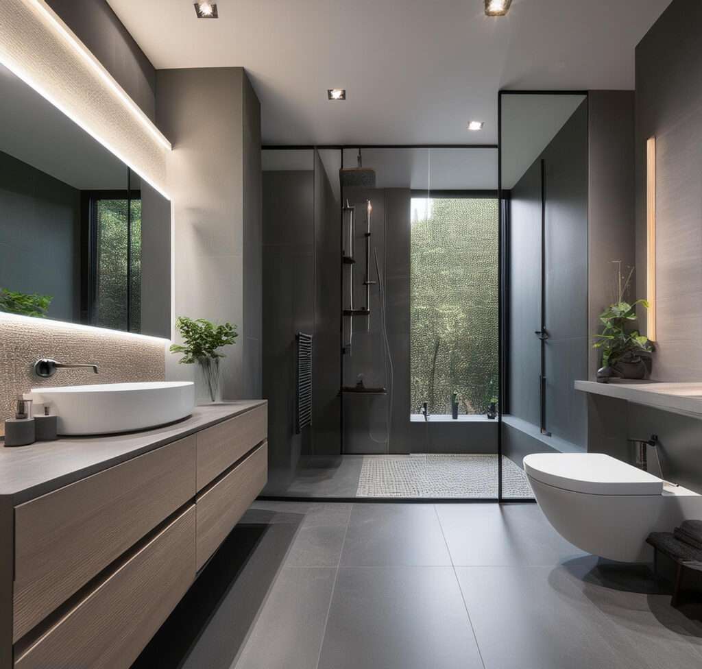 bathrooms with grey floors