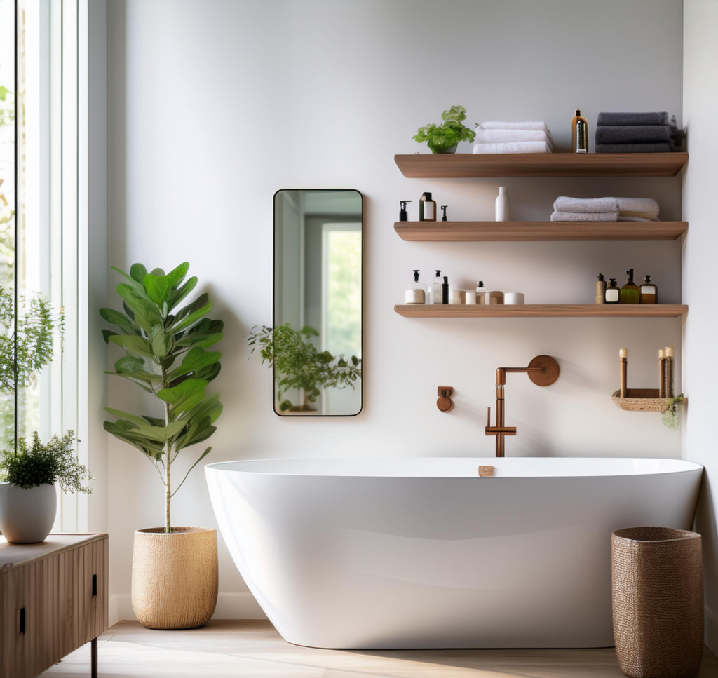 floating shelves above bathtub