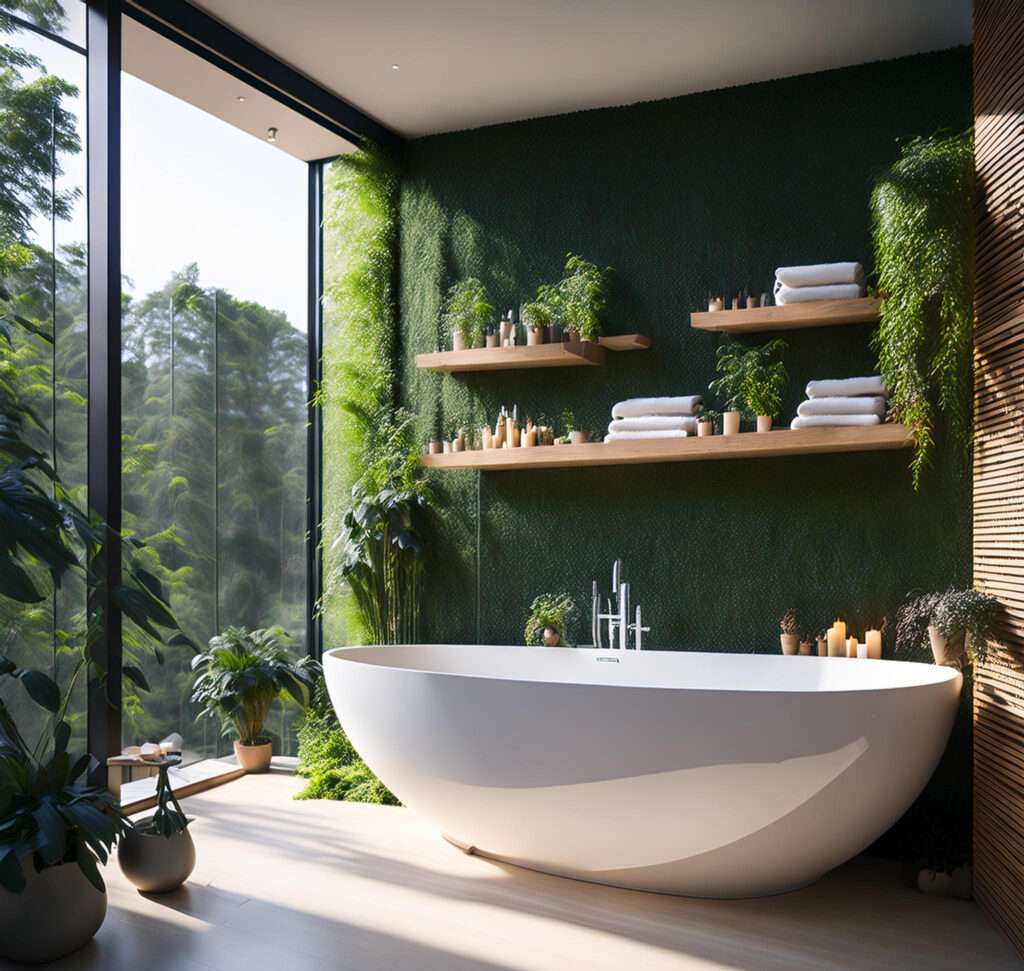 floating shelves above bathtub