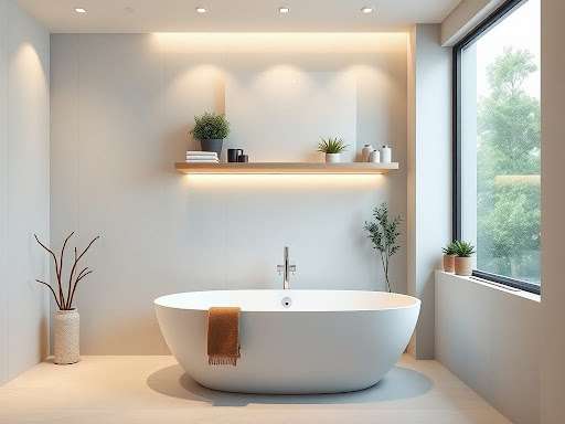 floating shelves above bathtub